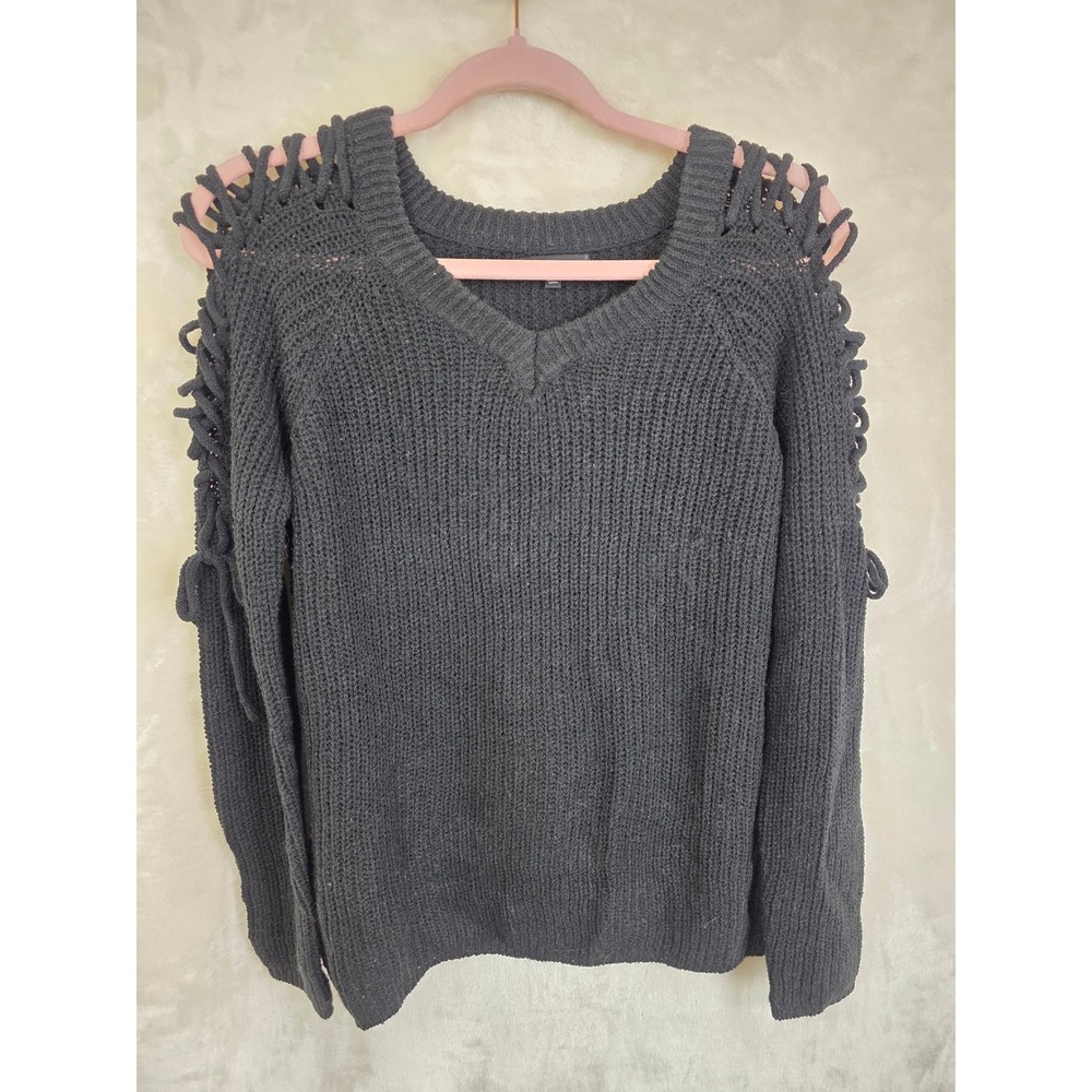 Staccato Black Lace Up Cold Shoulder V-Neck‎ Ribbed Knit Sweater Style 51780